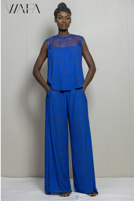 Ensemble haut manche coupée avec dentelle à la poitrine + pantalon pied de poule imprimé tissu wafa